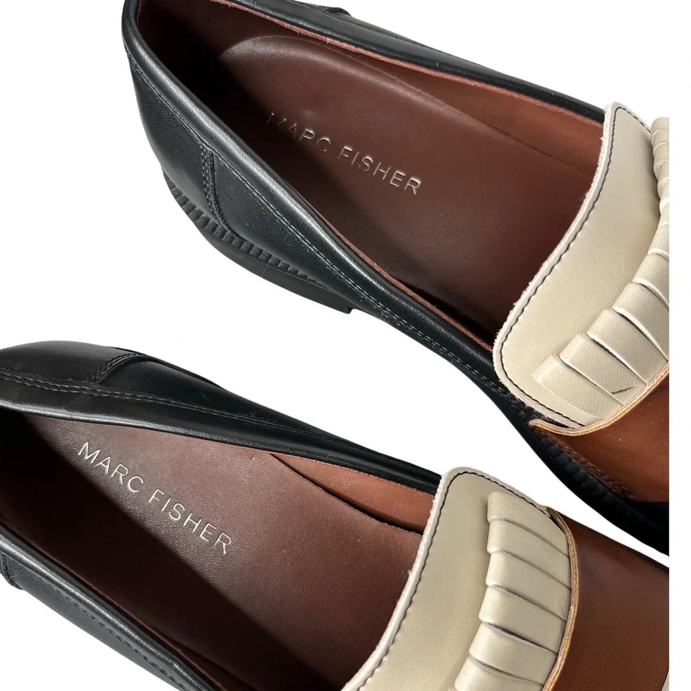 Marc Fisher Calixy Tri Color Kiltie Loafers Size 8M Black Cream‎ Brown Preppy